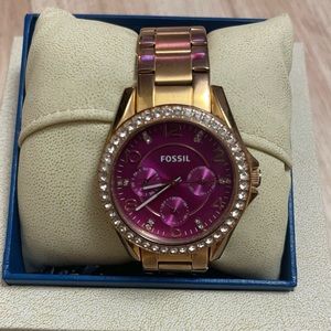 Fossil  Riley Es3531 Quartz Watch Pink Dial Day Date Gold Band New Battery